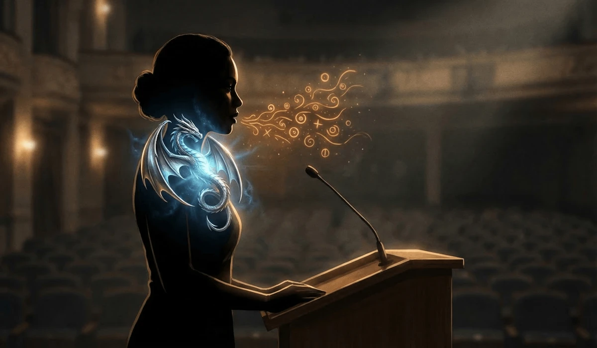 A public speaker wearing a dragon necklace on stage, illustrating throat chakra alignment and charismatic presence during a presentation.
