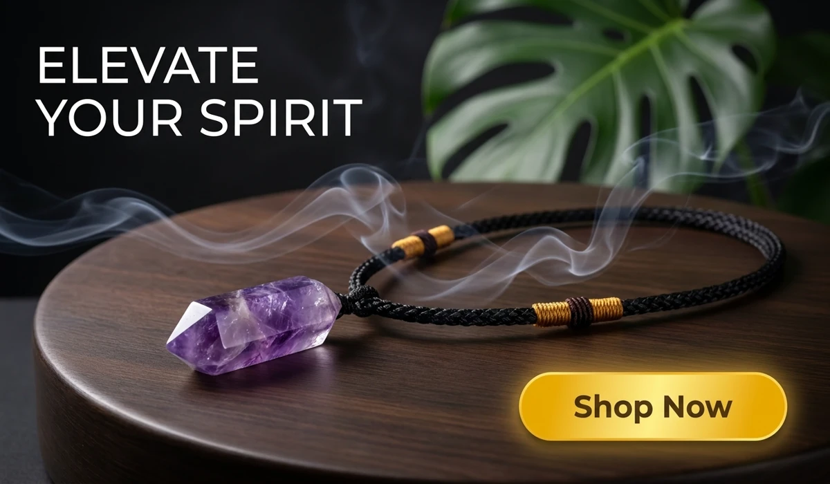 Amethyst Serenity Necklace crystal pendant for spiritual balance and meditation, featuring a Shop Now button and zen aesthetic background for wellness blog.