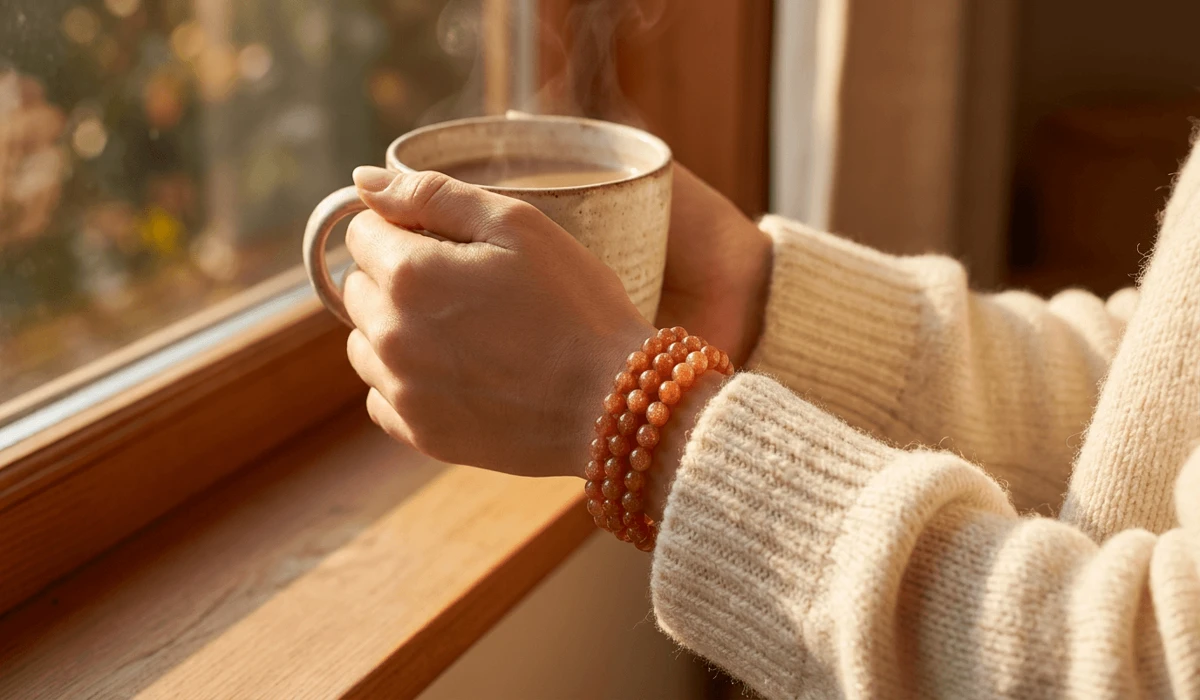 Woman wearing a natural Sunstone beaded bracelet on her wrist for seasonal mood support and warmth.
