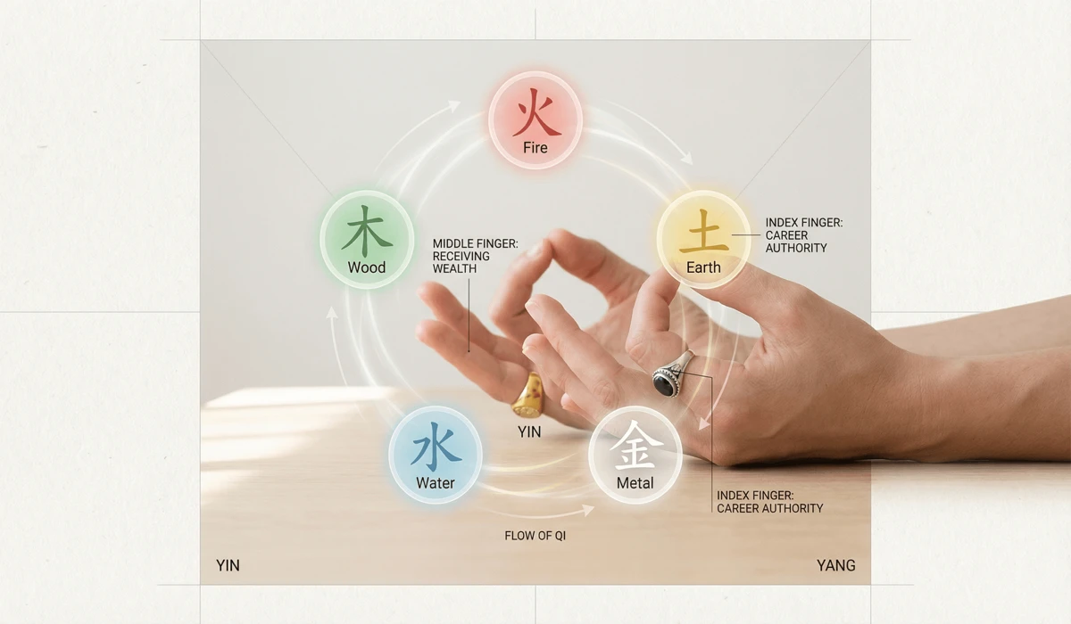 Diagram showing the correct finger placement for Feng Shui rings on the left and right hands for wealth and career.