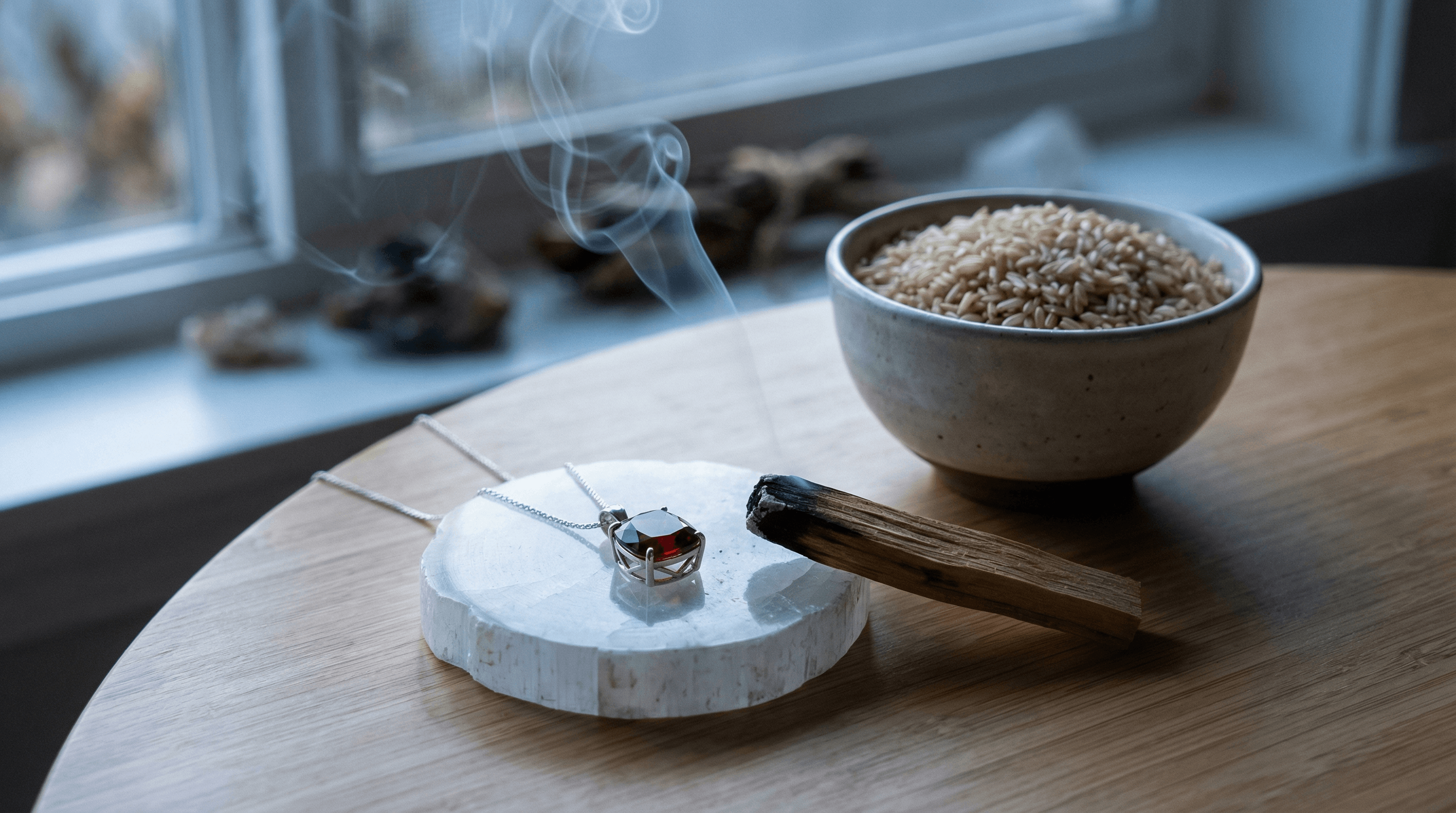 Garnet jewelry being cleansed with Selenite and sacred smoke to maintain its spiritual energy for the Fire Horse year.