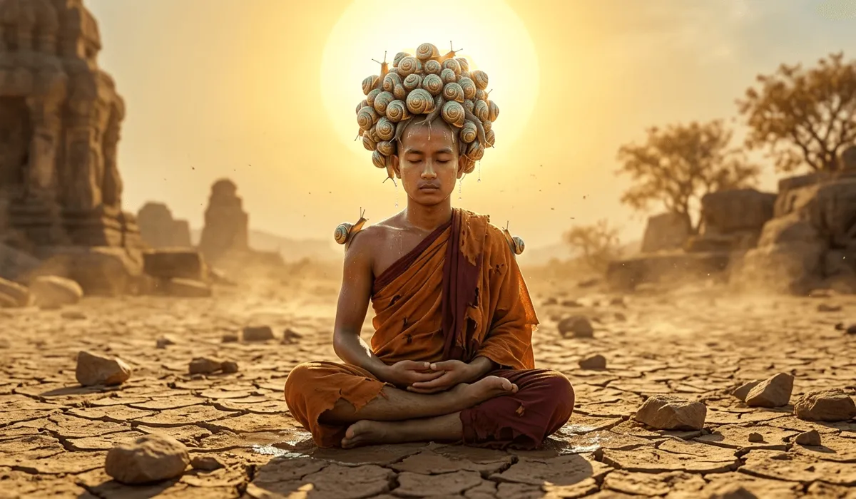 Ancient legend of 108 snails protecting Siddhartha Gautama from heatstroke during meditation.