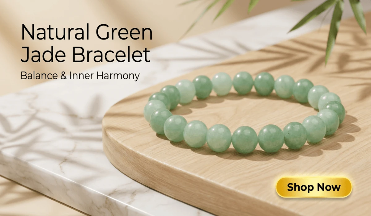 Natural green jade beaded bracelet on a serene wood and marble background for spiritual protection and inner harmony