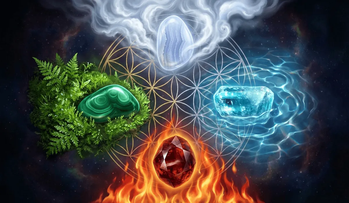 Four zodiac crystals representing the elemental nature of Fire, Earth, Air, and Water for spiritual alignment.