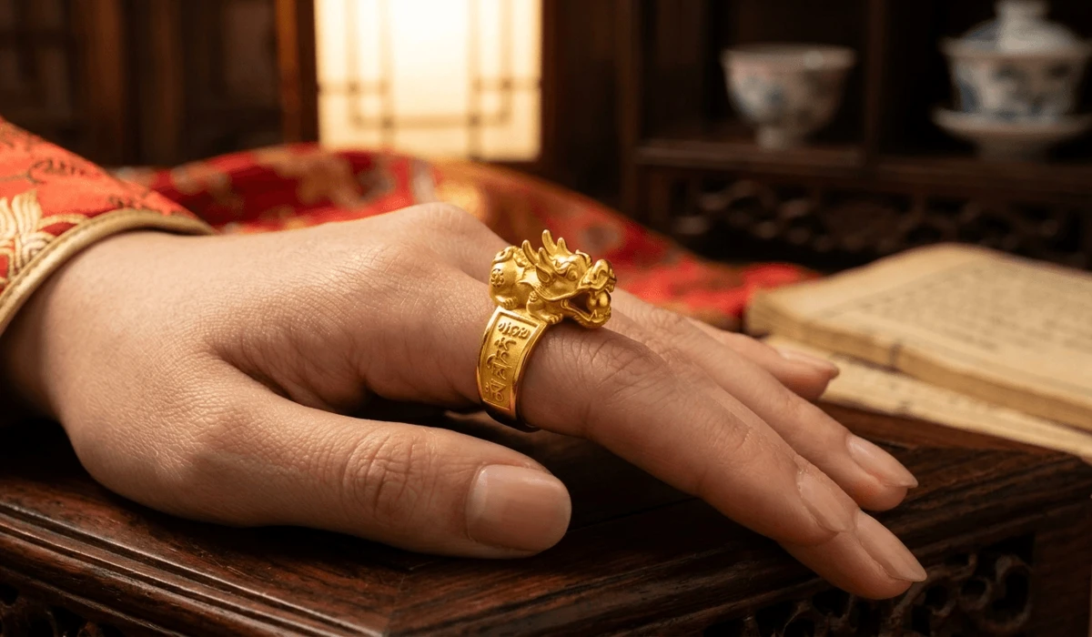 Close-up of a gold Pixiu ring on the middle finger of a left hand, with the head facing toward the pinky finger according to Feng Shui rules.