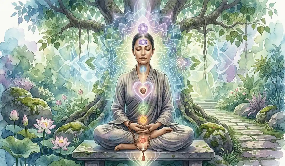 Spiritual illustration of Bodhi seed mala connecting to Root, Third Eye, and Crown Chakras during meditation.