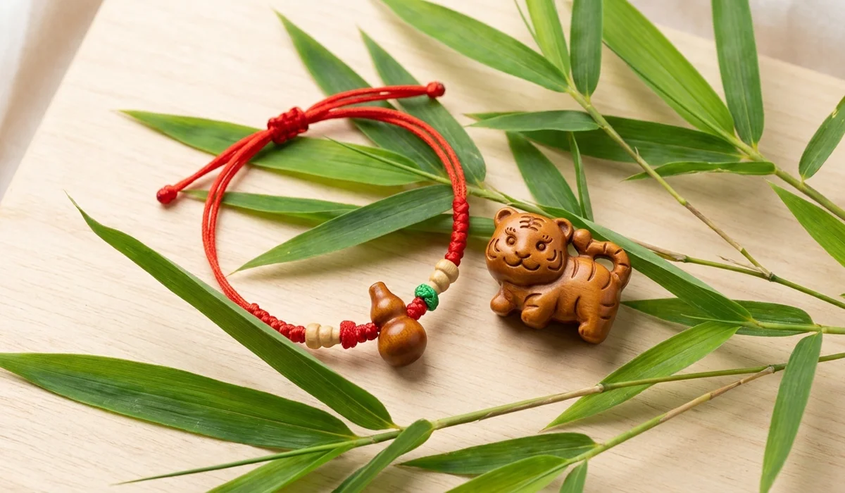 Collection of Feng Shui protection symbols for boys including a red string bracelet and jade Wu Lou.