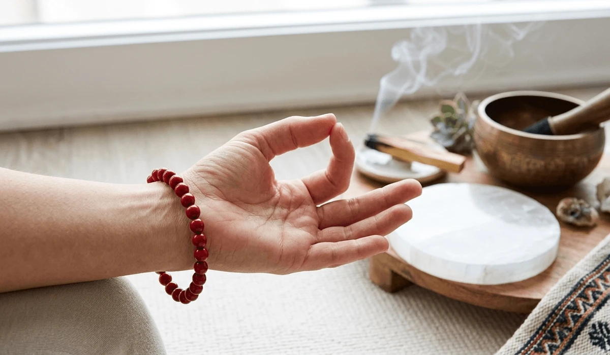 A person wearing a cinnabar bracelet on the left hand during a spiritual practice, featuring tools for cleansing and charging like selenite and palo santo.