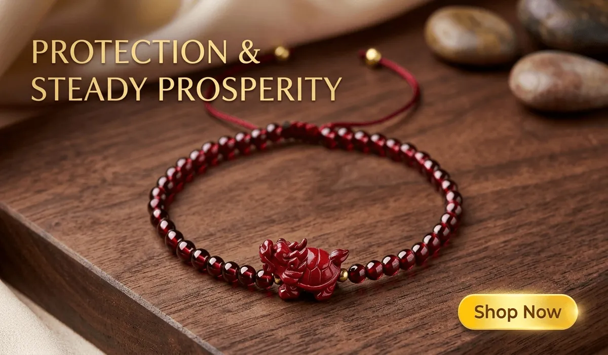 High-end Wealth-Attracting Dragon Turtle Cinnabar Garnet Bracelet for prosperity and protection, premium SEO blog illustration with Shop Now button.