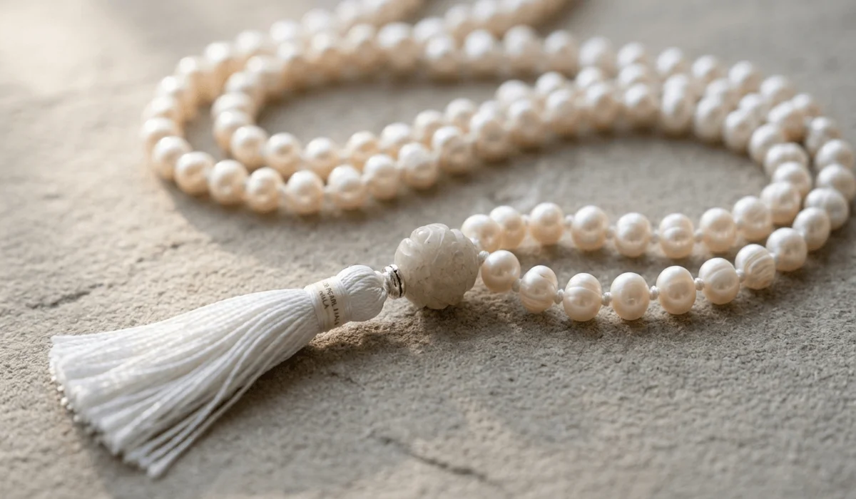 A 108 pearl mala bead necklace for Japa meditation, showing organic gemstones and a white silk tassel on a stone surface.