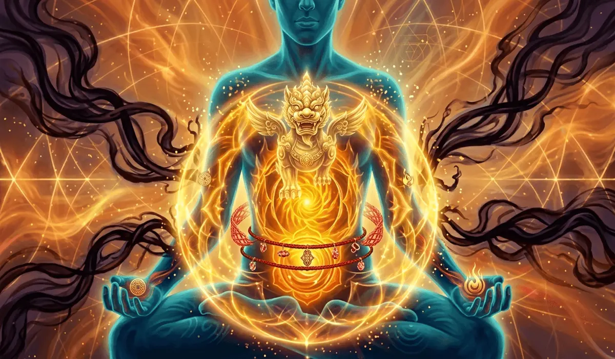 Spiritual illustration of the solar plexus chakra energy and red string Pixiu symbolism for protection and abundance.