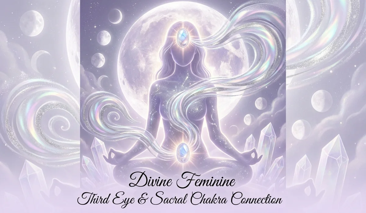 Spiritual illustration of moonstone aligning with the Third Eye and Sacral chakras under a full moon.