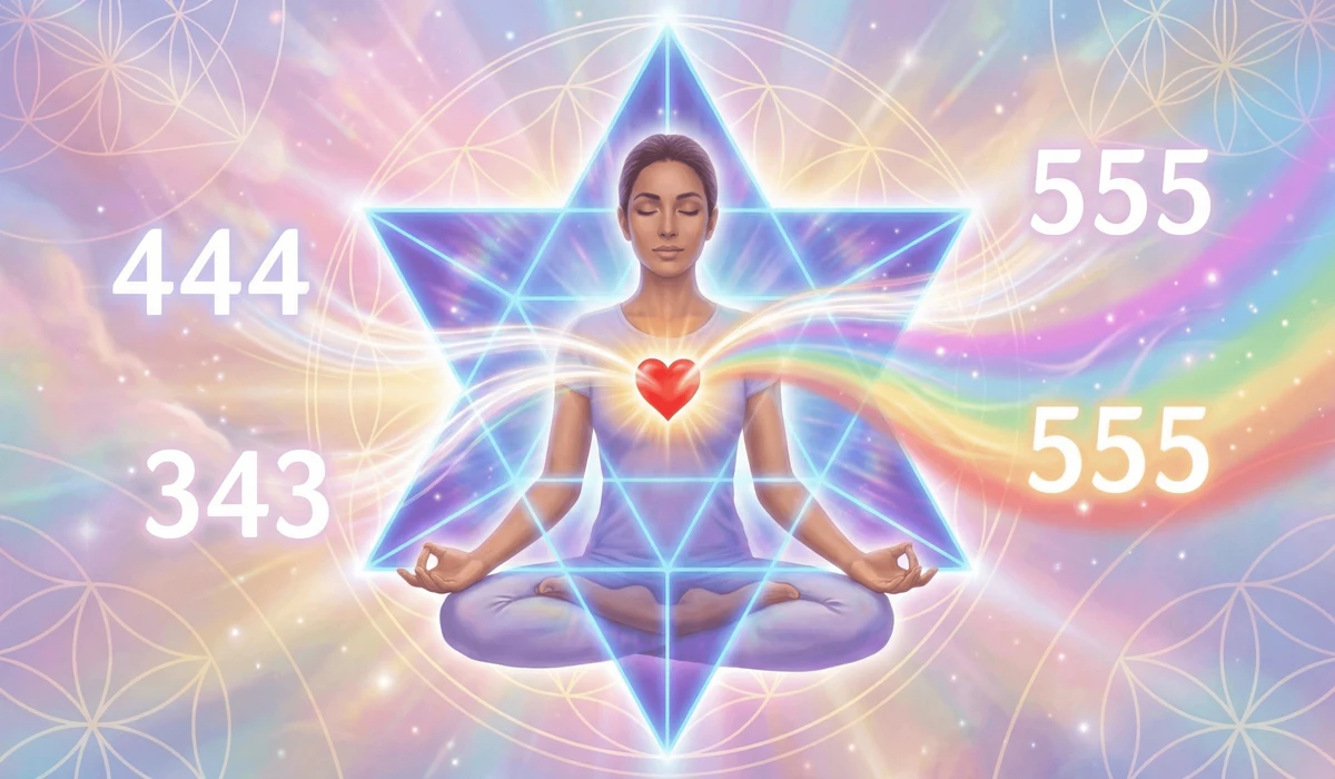 A person meditating within a sacred Merkabah geometry surrounded by floating angel numbers, representing spiritual alignment and chakra activation.