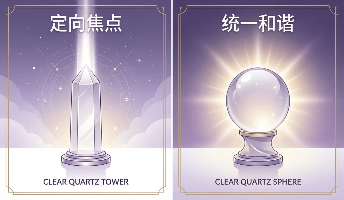 Visual comparison between a clear quartz tower's focused energy and a crystal sphere's diffused energy.