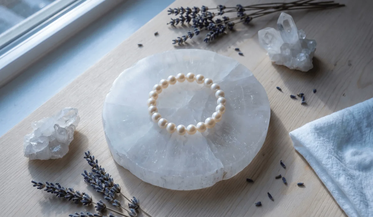 A pearl bracelet being charged on a selenite plate under moonlight, surrounded by cleansing crystals and lavender.