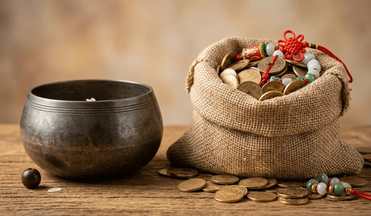 Macro photography of a Buddhist alms bowl and the Laughing Buddha's bag of abundance, highlighting the symbolic differences in their philosophies.
