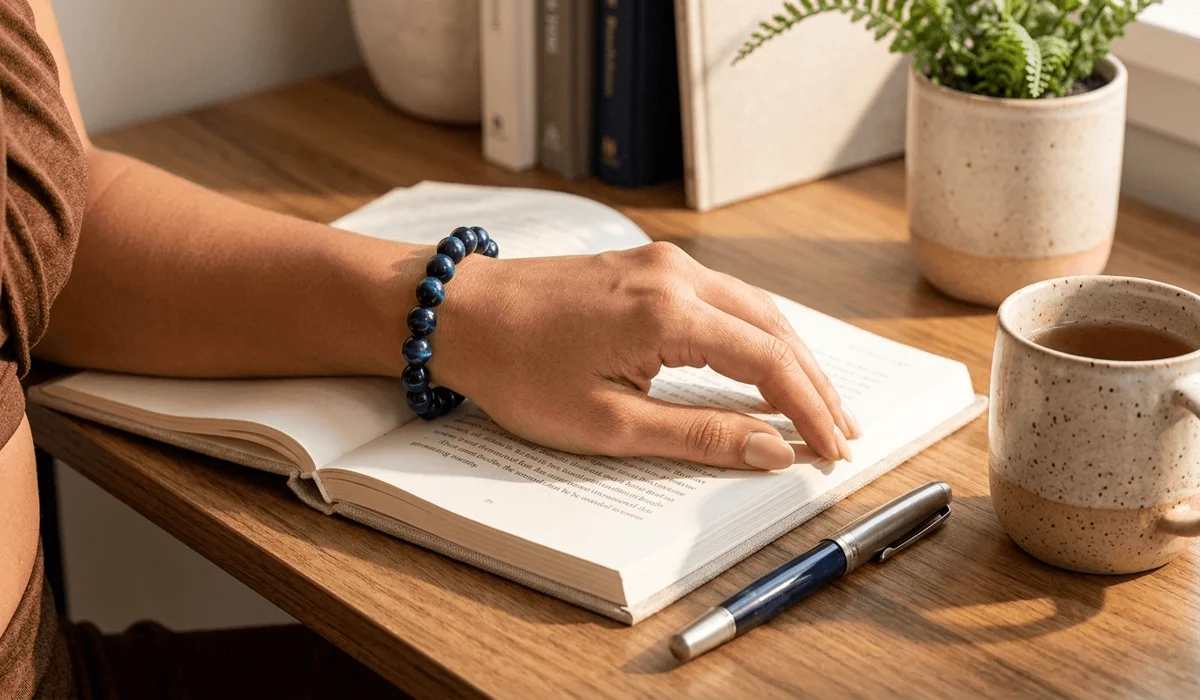 Close-up of a person wearing a natural Blue Tiger Eye bead bracelet on their wrist while journaling at a sunlit desk.