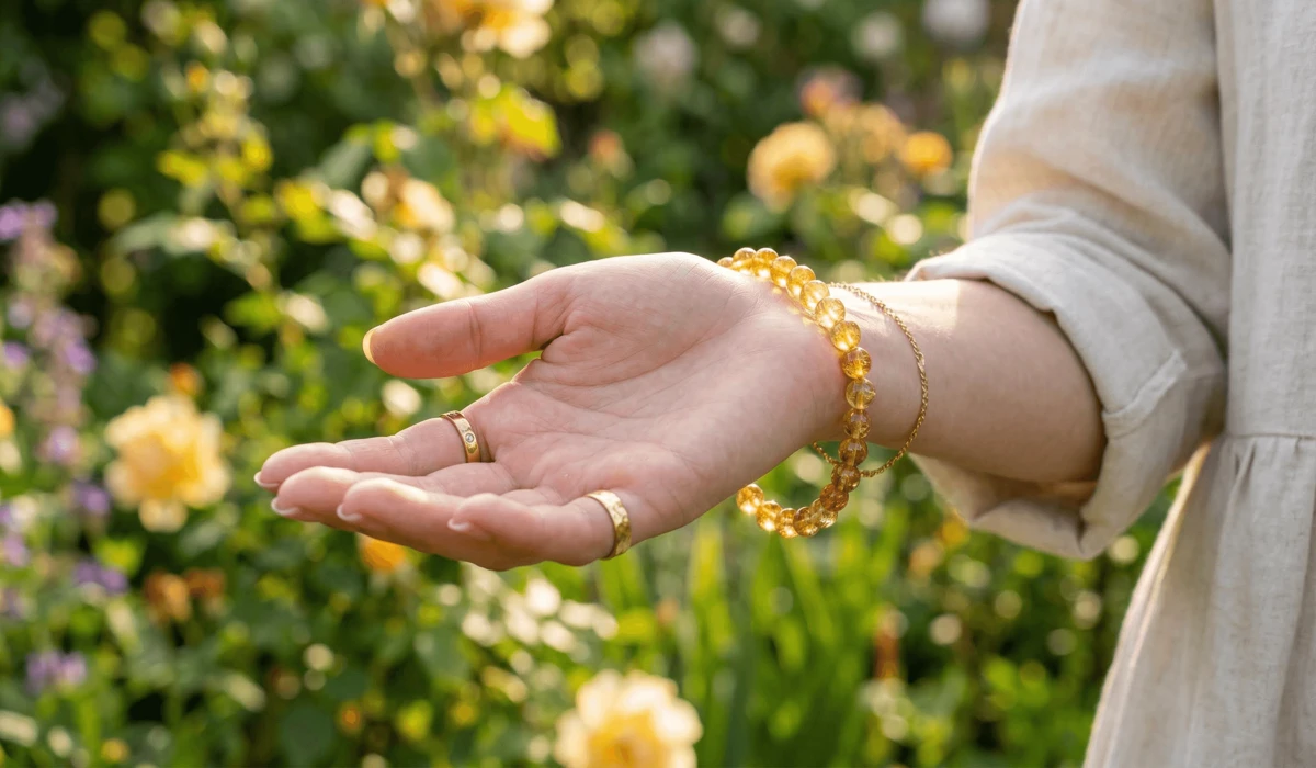 A person wearing a citrine bracelet on their wrist for manifesting wealth and self-confidence.