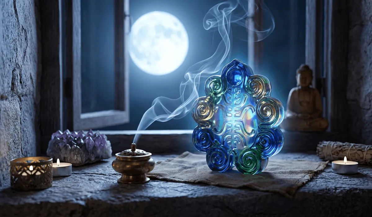 Liuli crystal being cleansed and charged under moonlight and incense smoke for spiritual potency.