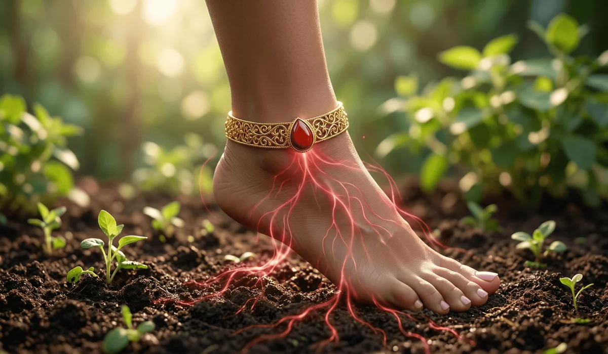 A gold spiritual anklet with red jasper on a woman's foot, showing glowing energy roots connecting to the earth for Root Chakra grounding.