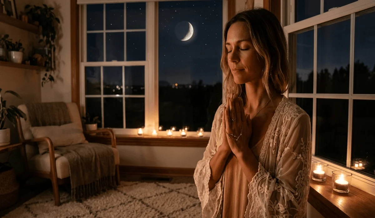 A woman performing a mindfulness and intention-setting ritual with her zodiac constellation jewelry during a new moon.