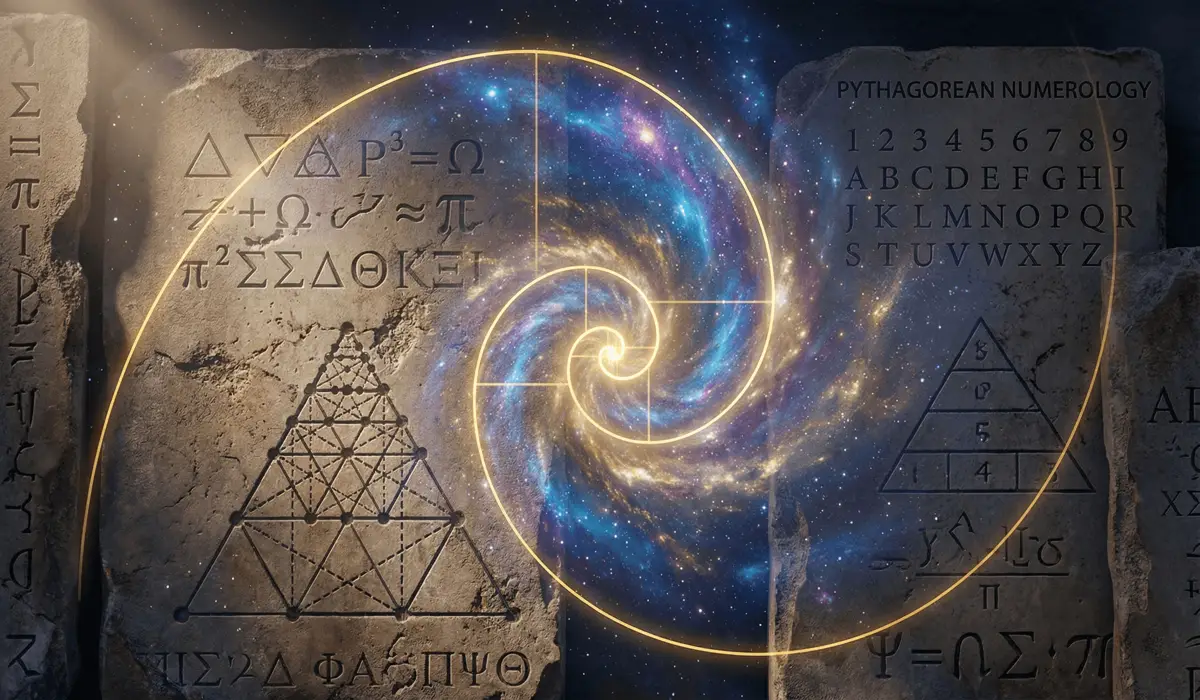 Ancient Pythagorean sacred geometry and golden spiral representing the mathematical foundation of love and angel numbers.