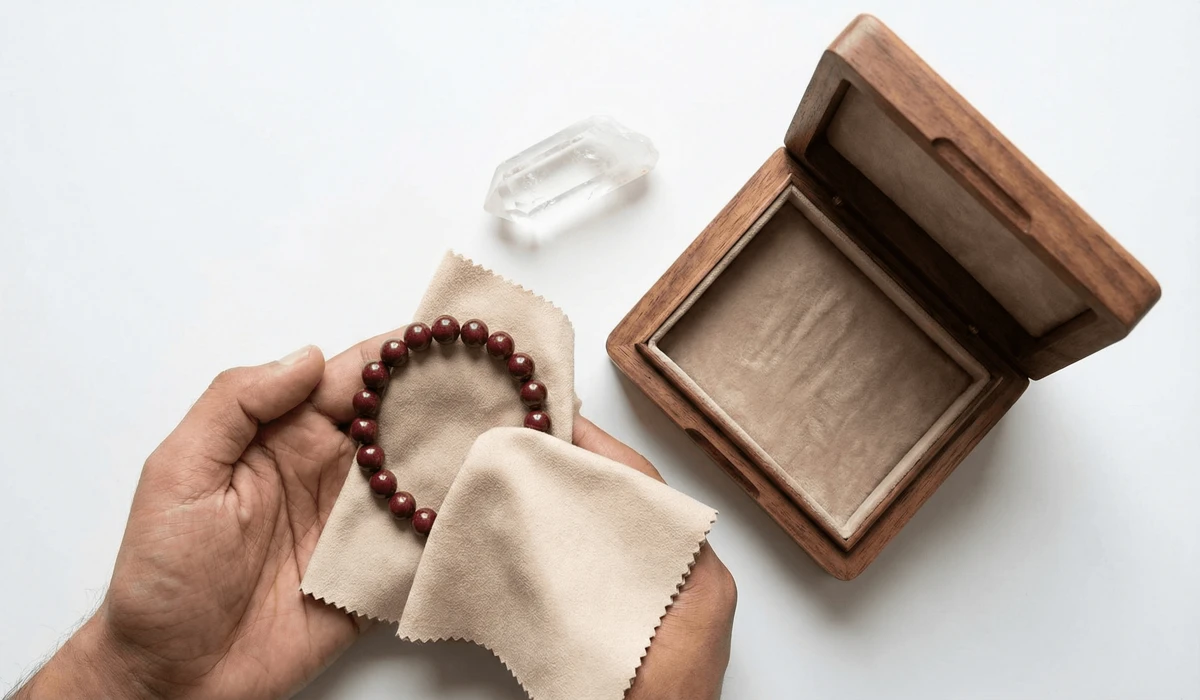 Safe cleaning and storage of cinnabar jewelry using a soft cloth and clear quartz for charging.
