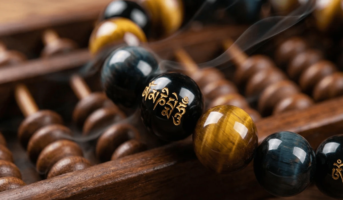 Detailed view of Six True Words mantra engraving and Tiger's Eye bead on a success-oriented Feng Shui bracelet.