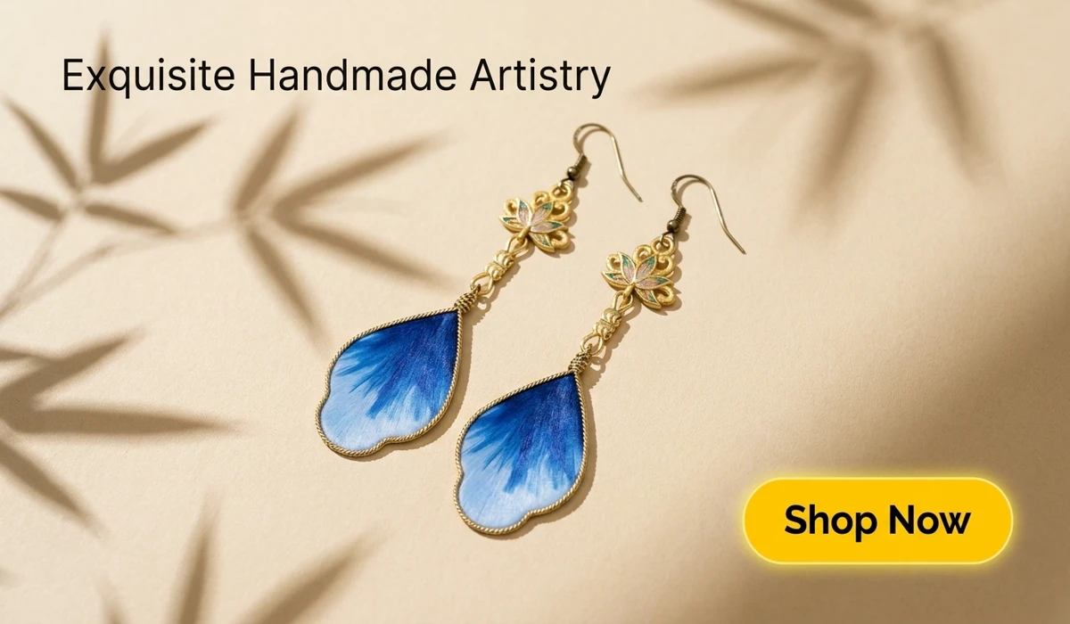 Ethereal Lotus Silk Flower (RONGHUA) Pearl Silver Earrings featuring vibrant blue petals and traditional Zen-inspired design, high-end handmade jewelry for a modern elegant look.