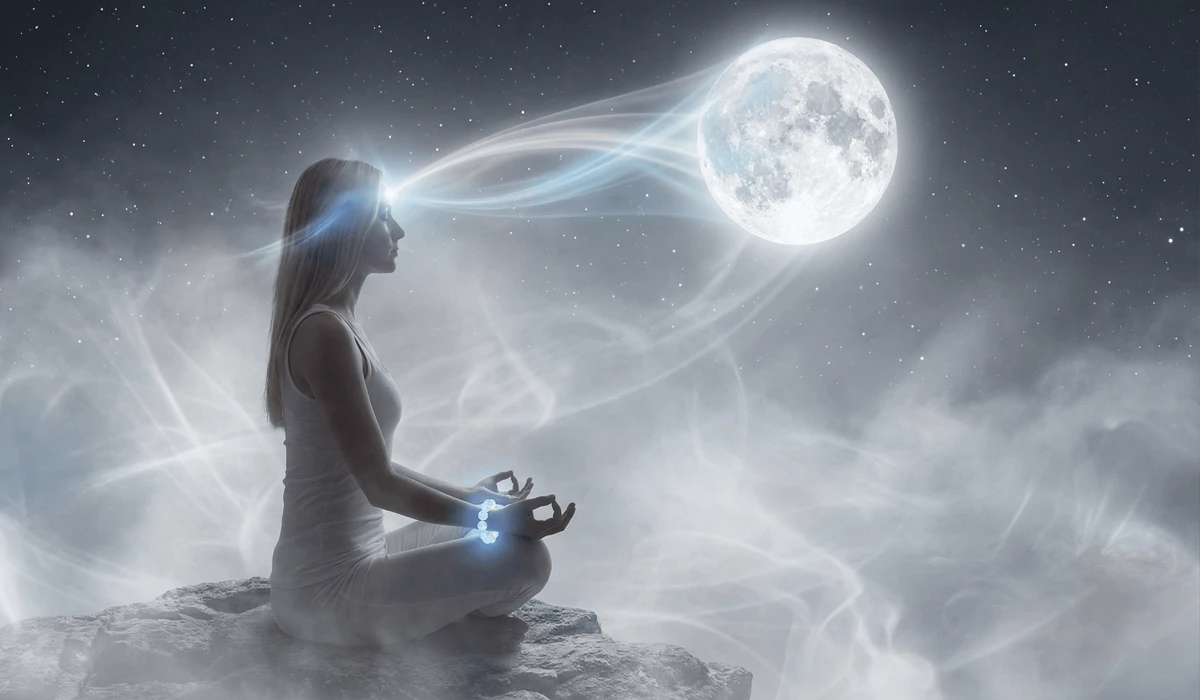 Spiritual illustration of moonstone energy connecting to the Crown and Third Eye Chakras under a full moon.