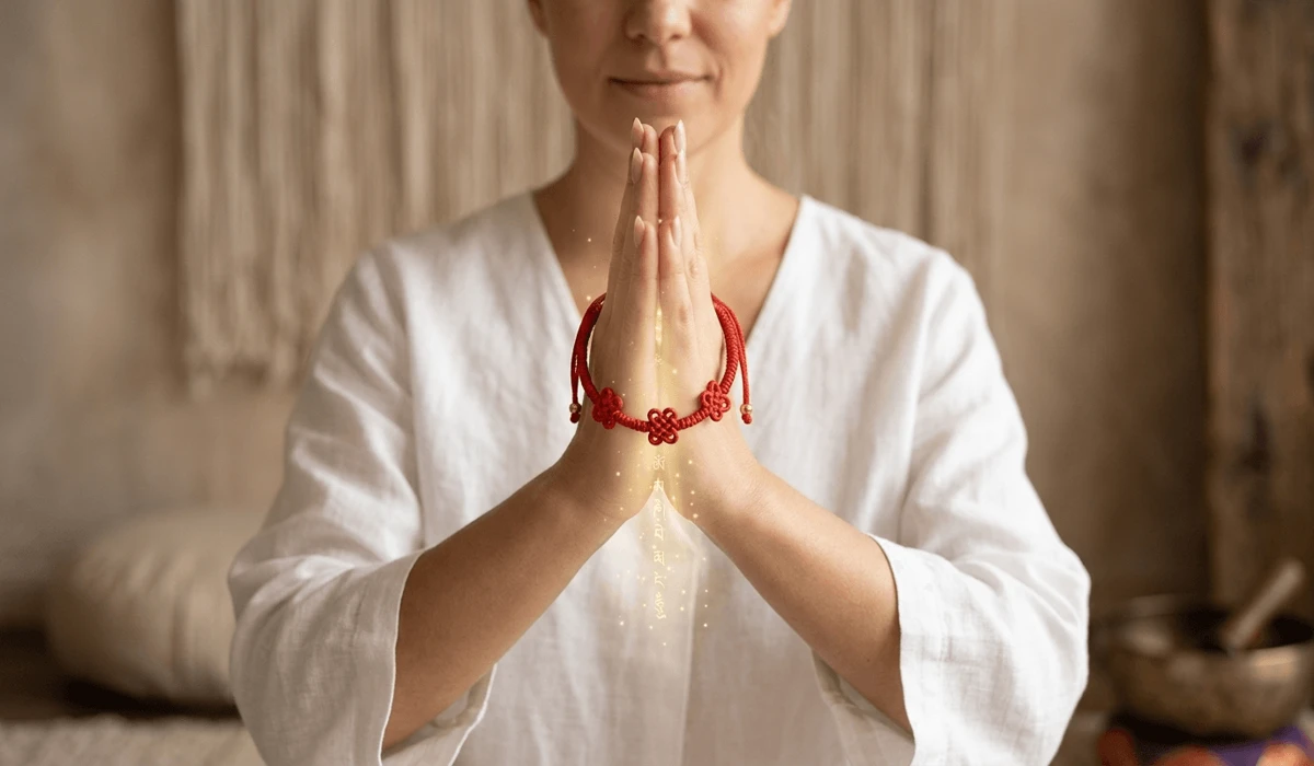A person activating a Tibetan knot bracelet with prayer and intention between their palms.