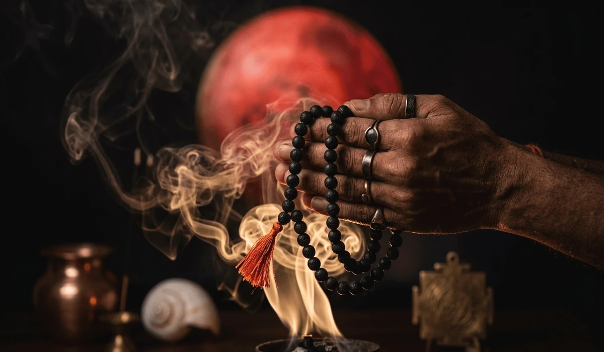 Cleansing Karungali beads with incense smoke, showing the astrological connection between Ebony wood and the planet Mars.