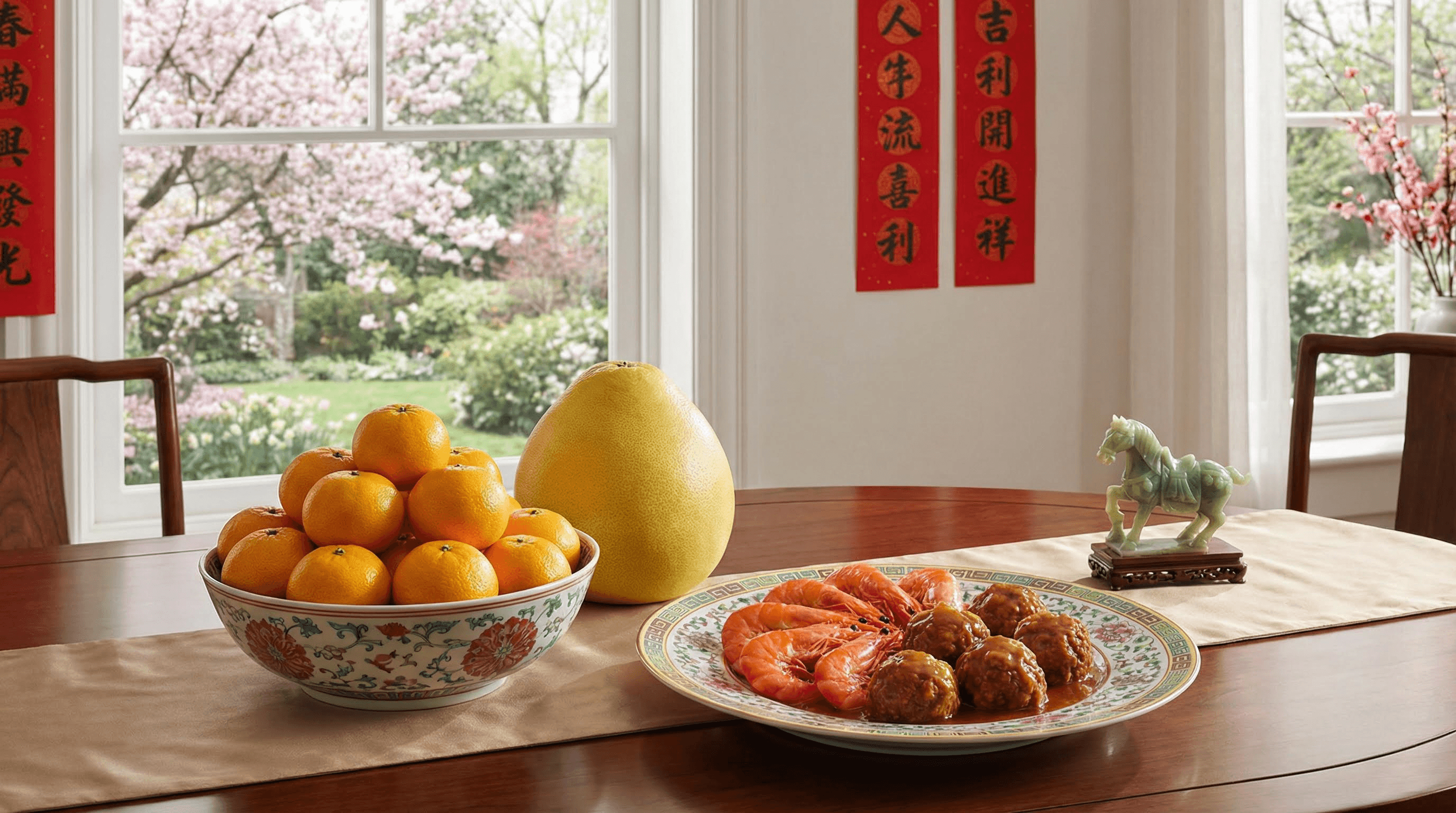 A sophisticated interior scene with a bowl of golden mandarins, a pomelo, and Lion's Head meatballs on a table with red couplets in the background.