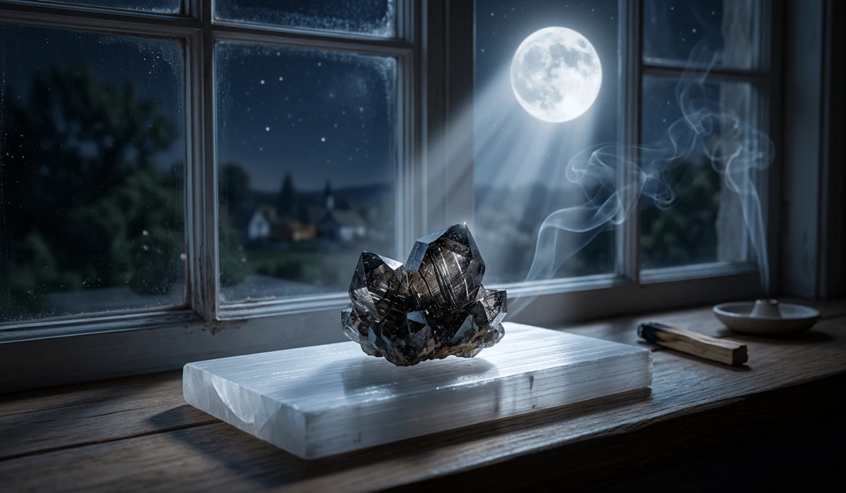 Black Rutilated Quartz being cleansed with sacred smoke and charged on a Selenite plate under full moonlight.