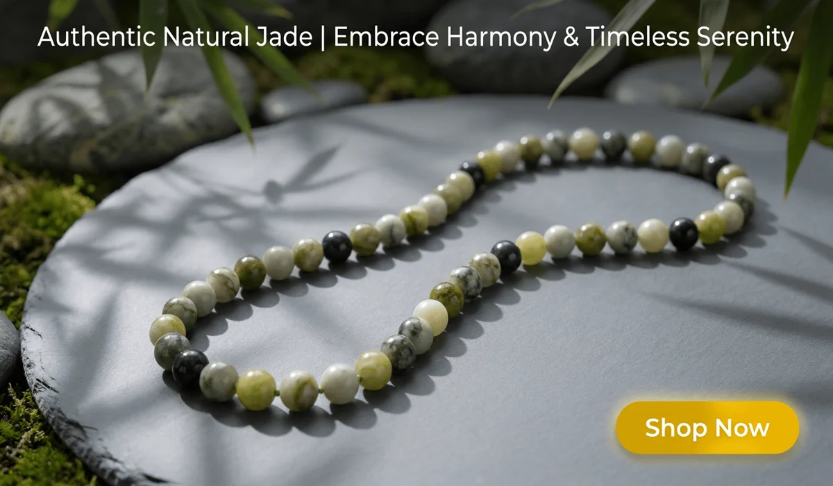 Qinghua Jade Beads Necklace displayed on a serene Zen stone background - Natural green jade gemstone jewelry for harmony and serenity