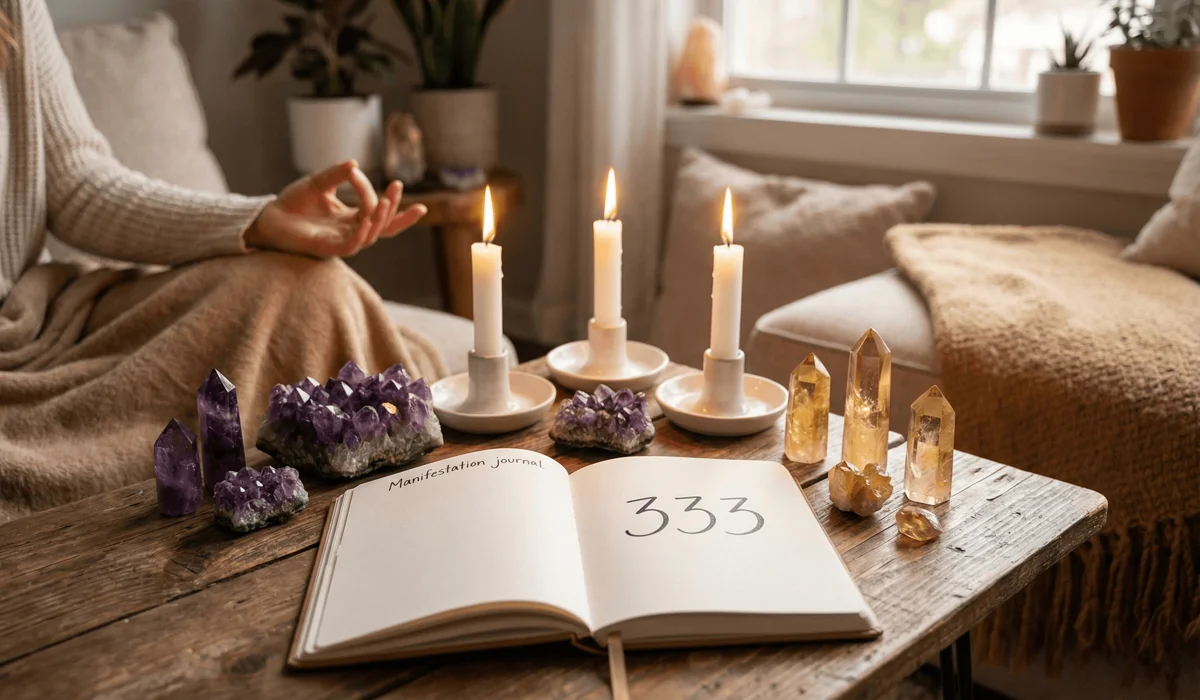A spiritual workspace setup for a 333 manifestation ritual including a journal, crystals, and candles arranged in a triangle.