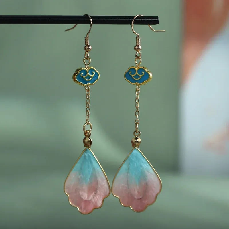 Handcrafted Silk Art Petal Good Fortune Blessing Dangle Hook Earrings