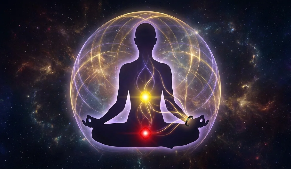 Conceptual digital art showing the chakra alignment and protective energy shield provided by Tiger's Eye and Black Obsidian.