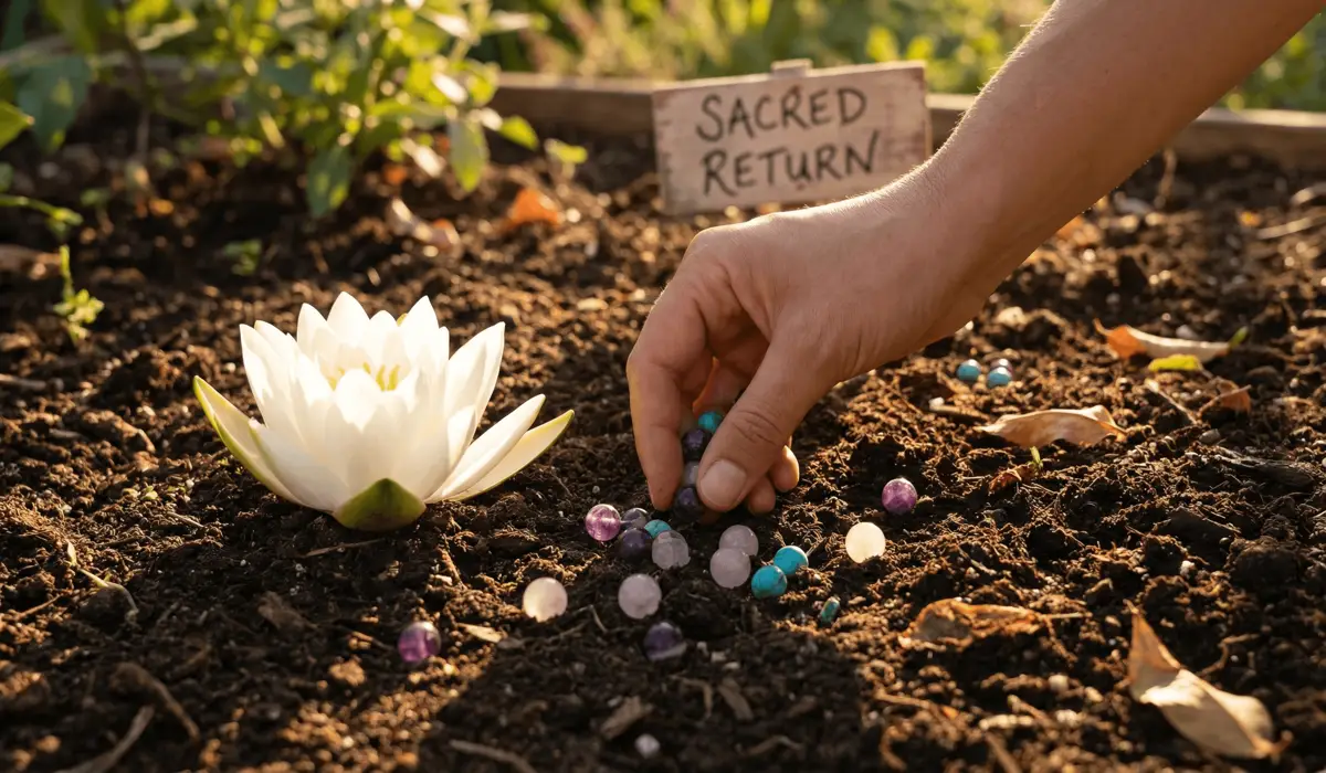 Burying broken mala beads in the earth near a lotus flower, illustrating the ritual of returning energy to nature.