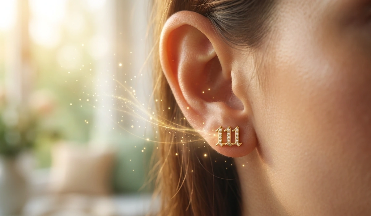 Close-up of 111 angel number gold stud earrings symbolizing divine communication and the spiritual meaning of hearing the message.