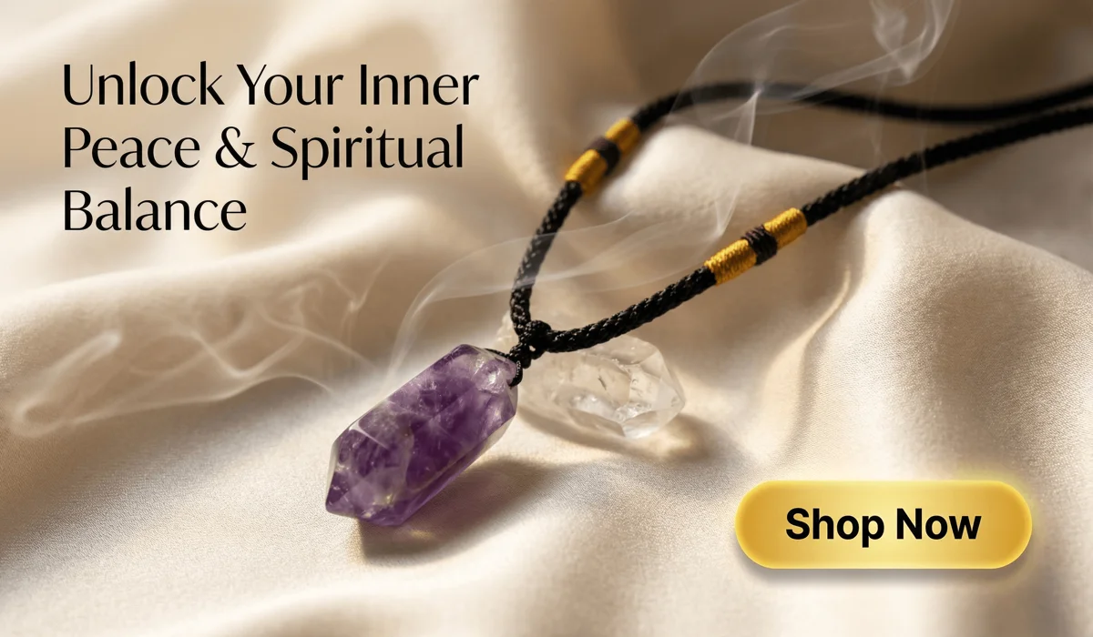 Amethyst Serenity Necklace for spiritual balance and inner peace, luxury crystal jewelry product shot with Shop Now button