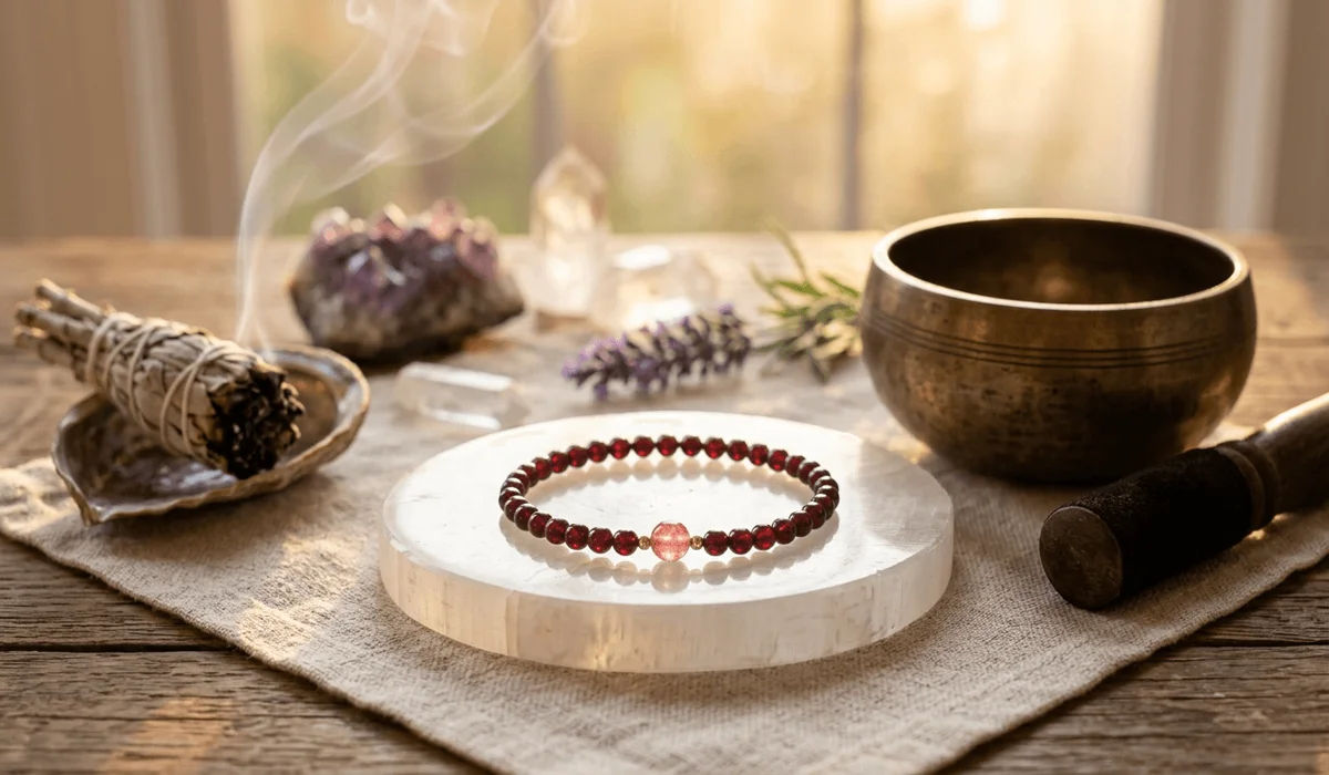 Red garnet crystal bracelet resting on a white selenite charging plate beside a Tibetan singing bowl and sage.
