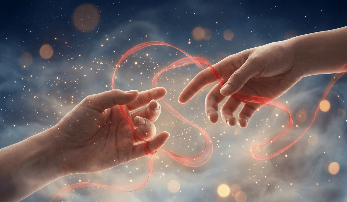 An ethereal visualization of the Red String of Fate connecting the fingers of two soulmates in a mystical void.