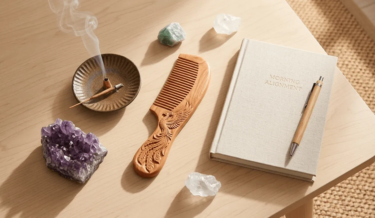 A peaceful morning ritual setup with a peachwood comb, incense, and crystals for grounding and daily manifestation.