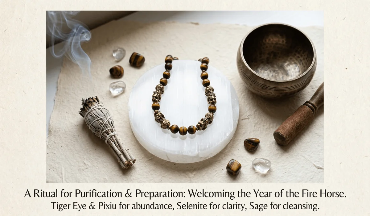 Cleansing and charging ritual for Tiger Eye jewelry using sage and a selenite plate.