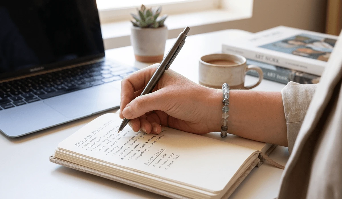 Close-up of a student wearing a rainbow fluorite beaded bracelet on the wrist while taking notes at a study desk.