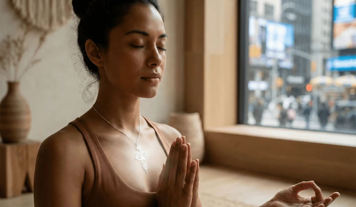 Close-up of elegant lotus jewelry being worn as a symbol of mindfulness and protection in a modern setting.