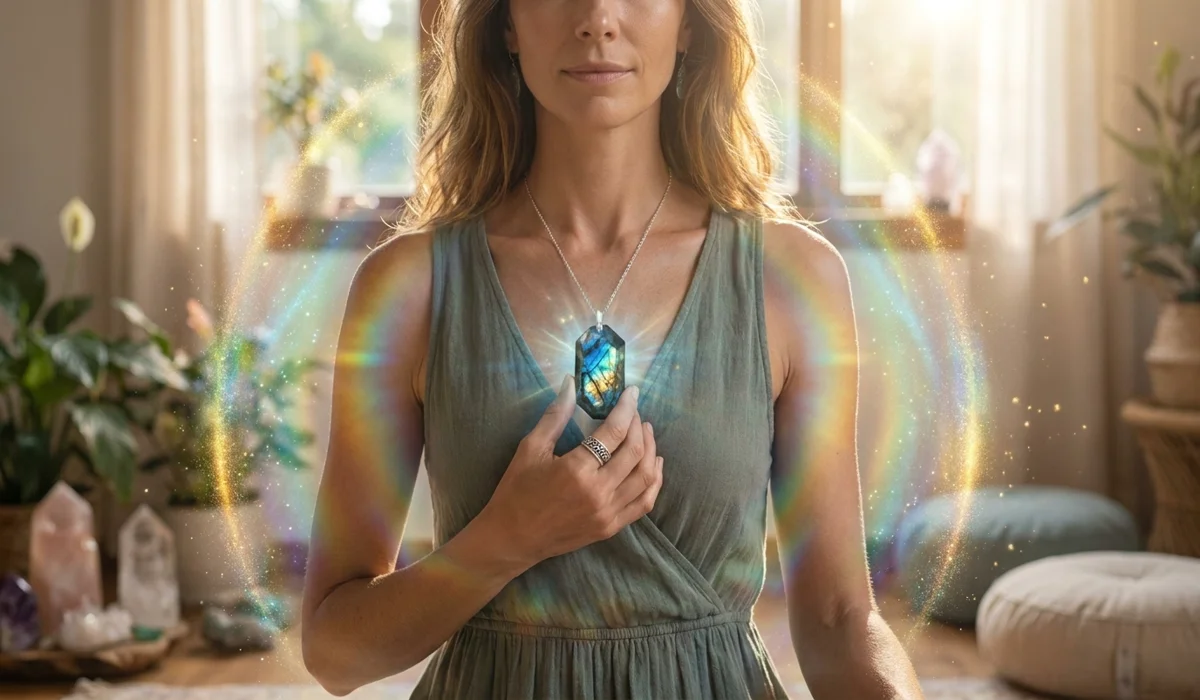 A woman wearing Labradorite jewelry for spiritual protection and aura cleansing.
