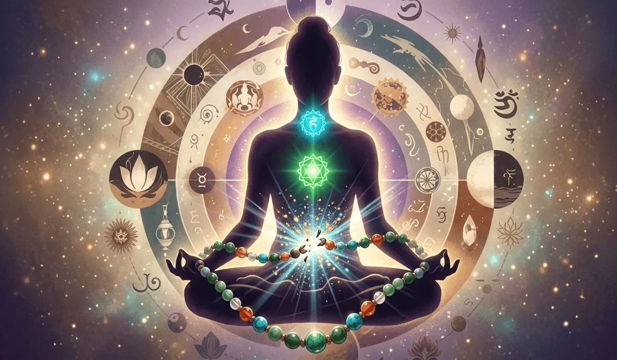 Spiritual visualization of a breaking mala symbolizing karmic cycle completion and the energy shift in the heart and throat chakras during a spiritual breakthrough.