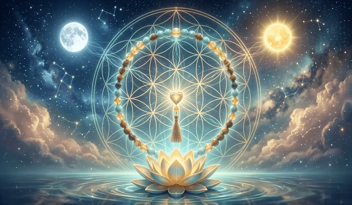 Conceptual art of a mala necklace integrated with sacred geometry and celestial elements to symbolize the 108 earthly desires and spiritual energy.